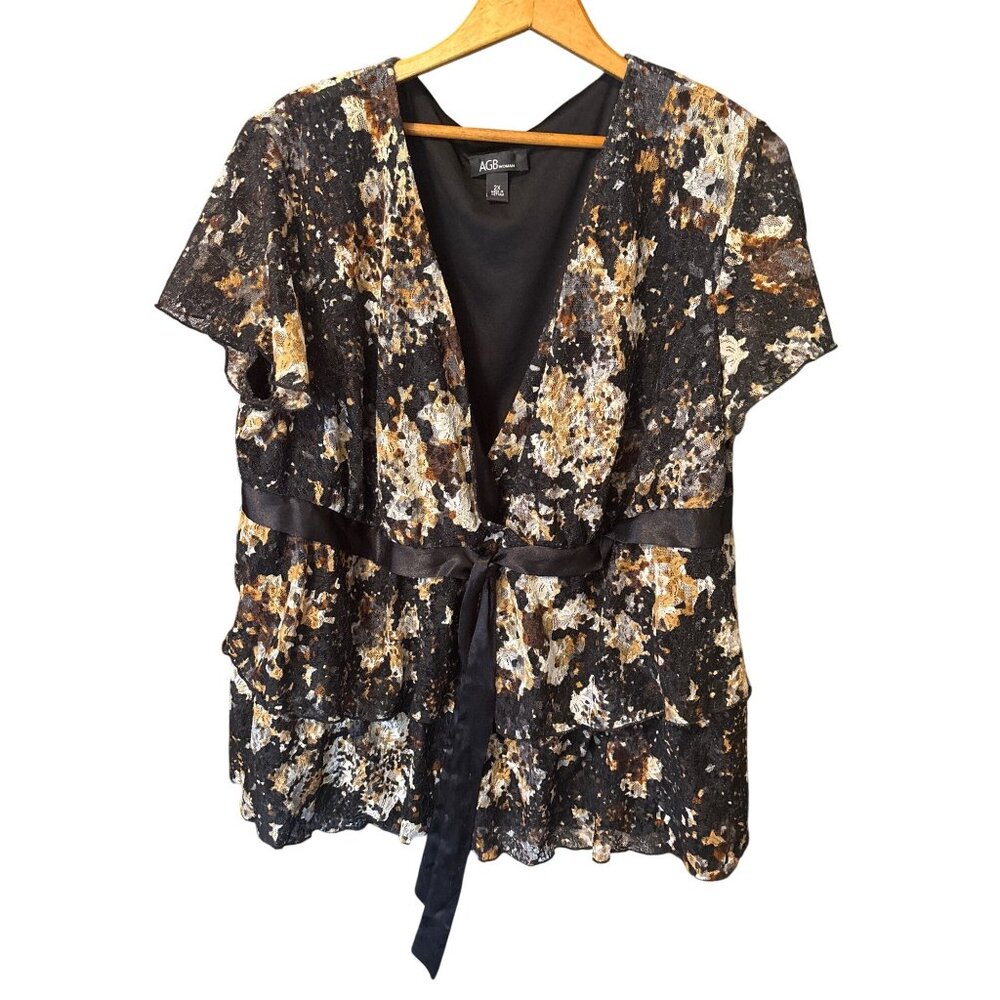 AGB Women's  Jungle Print Lace Ruffly Blouse Flutter Sleeve 2X Lined Side Zipper